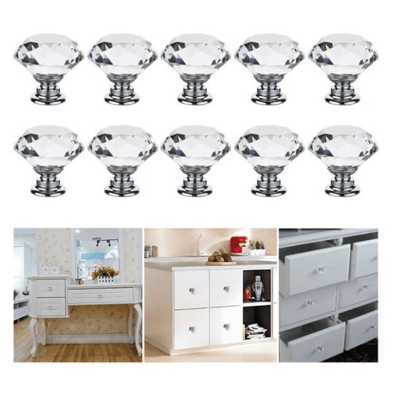 12 Pcs White Clear Crystal Glass Cabinet Knobs 30mm Diamond Shape Drawe