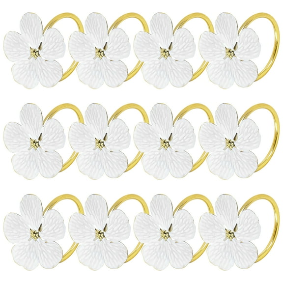 12 Pcs White Floral Napkin Rings Set, Metal Napkin Holders with Gold Edging, Elegant 5-Petal Flower Design, Ideal for Holiday and Formal Occasions