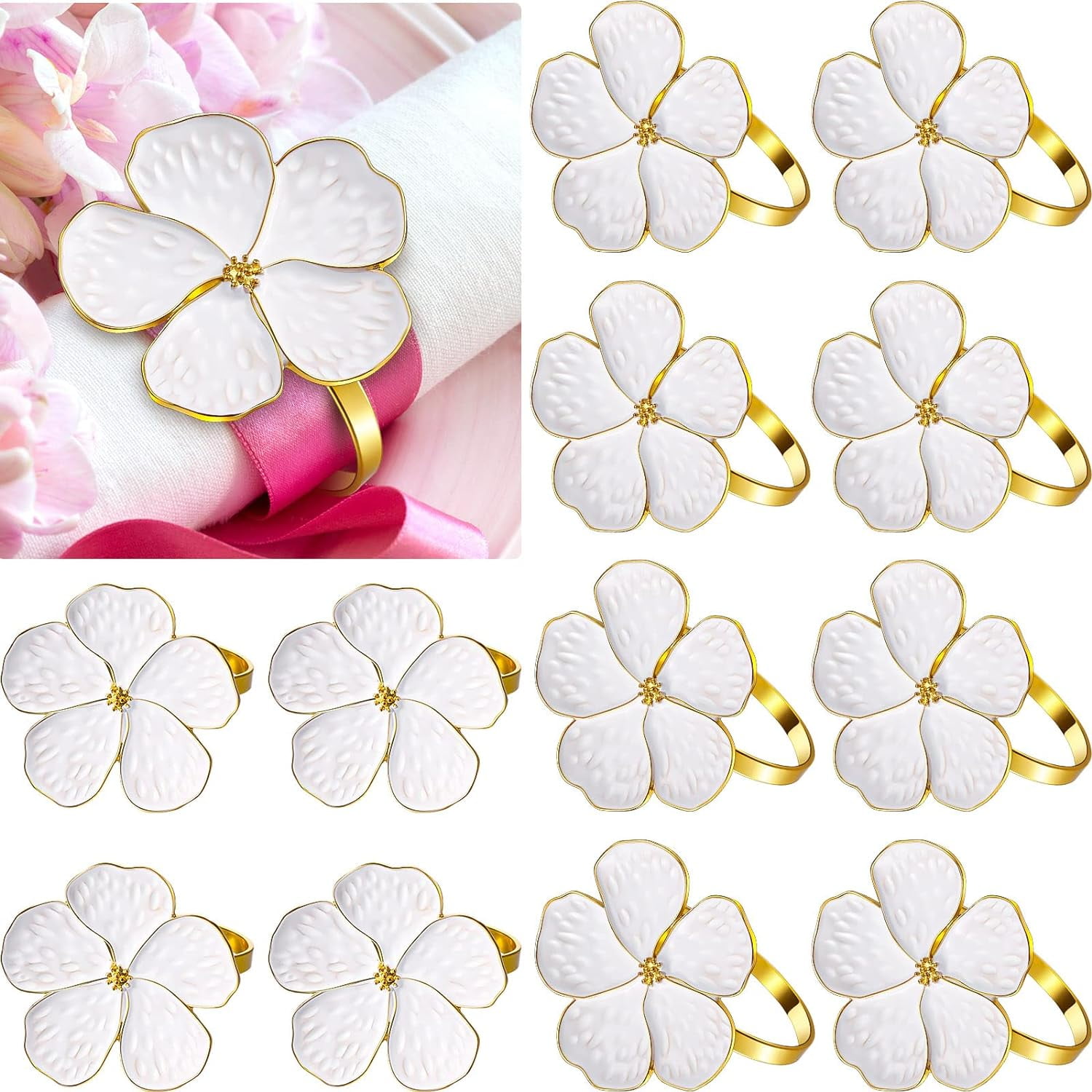 12 Pcs White Flower Napkin Rings Bulk, Holiday Gold Cloth Napkin Rings ...