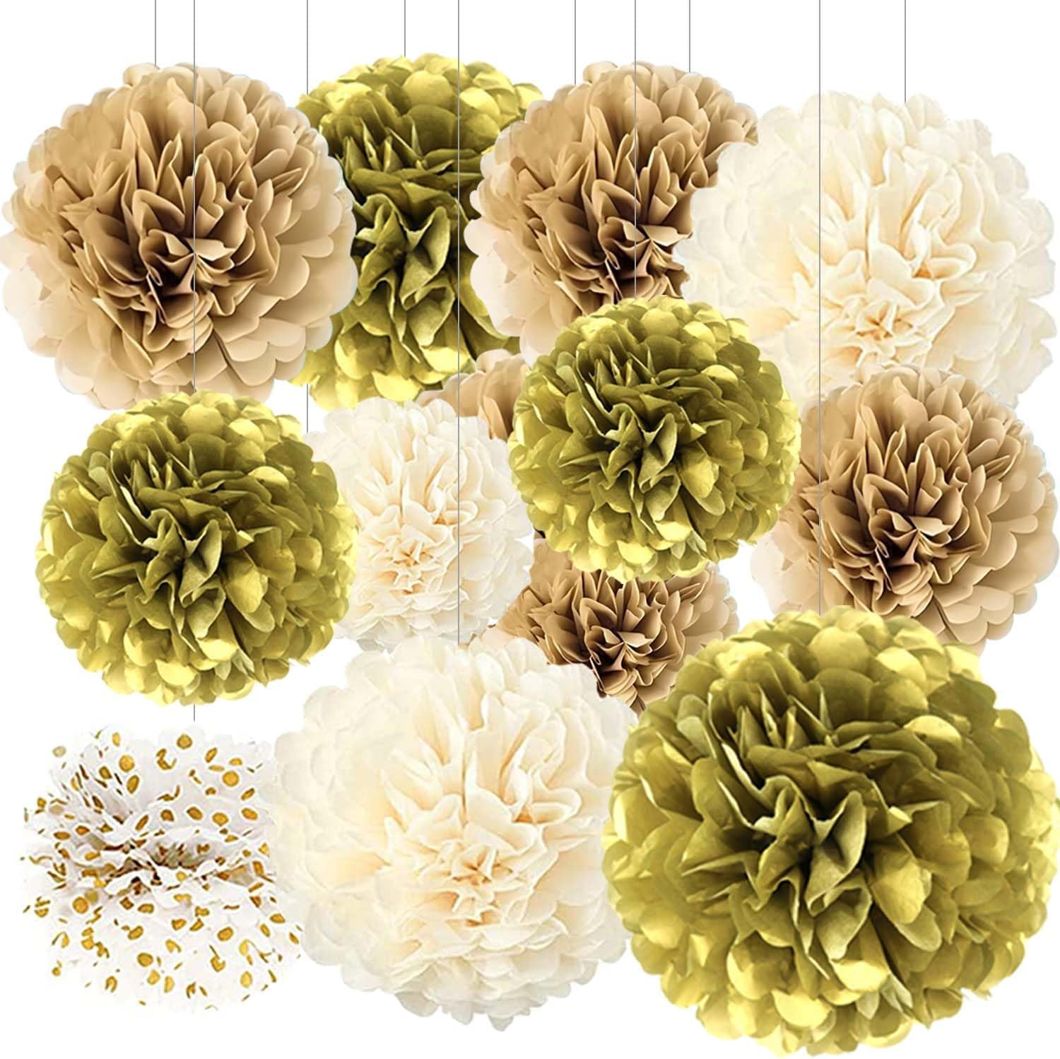 12 Pcs White Gold Tissue Paper Pom Poms for Party Ceiling Wall Hanging ...