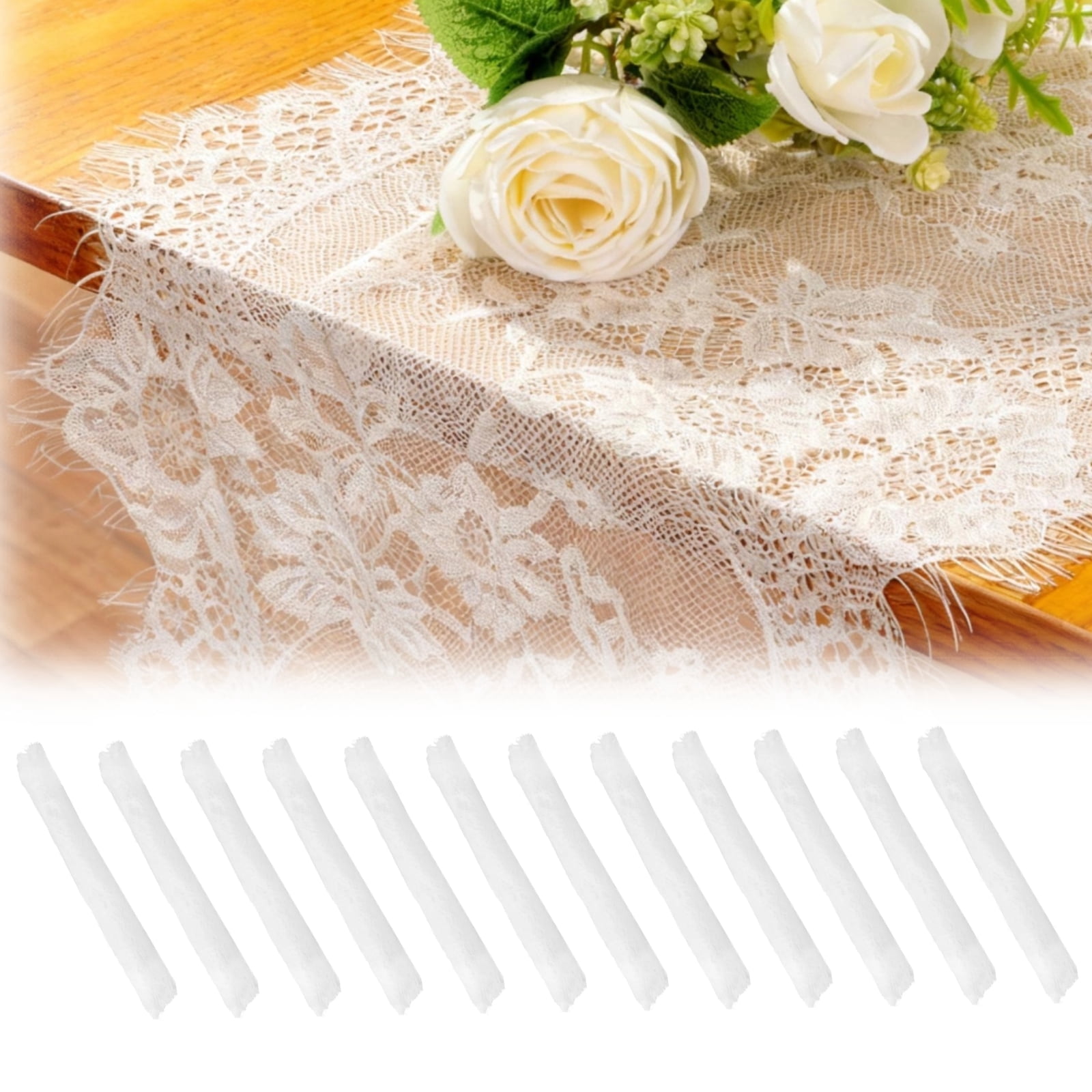 12 Pcs White Lace Table Runners, 13.8x118.1" Rustic Bohemian Embroidered Table Decorations, Vintage Floral Tassel Table Runners for Weddings, Bridal Showers, Parties