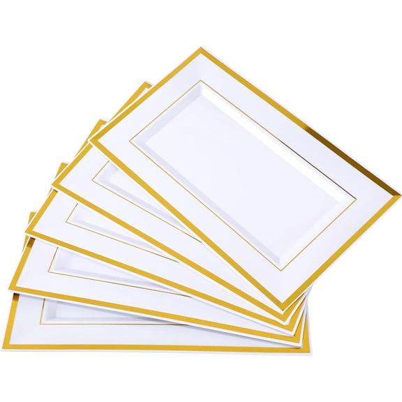 12 Pcs White Plastic Serving Trays with Gold Rim, 14''x9'' Rectangle Dessert Trays for Dessert Table, Disposable Platters Cookie Cupcake Gold Serving Tray for Birthday Party Wedding