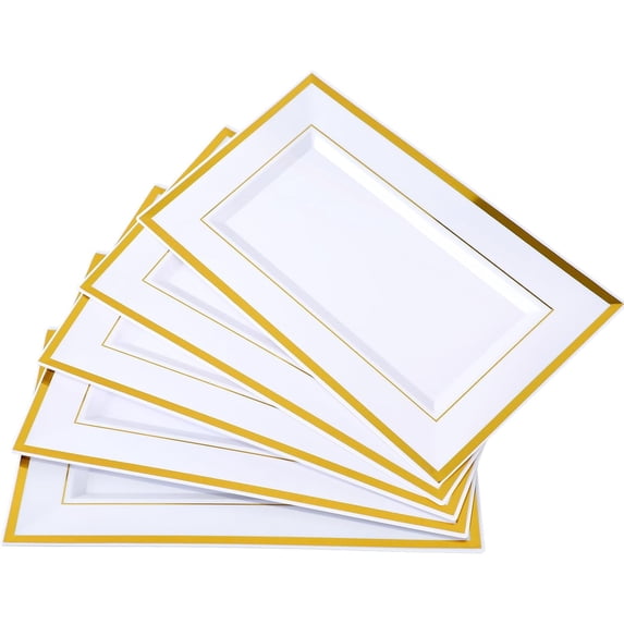 12 Pcs White Plastic Serving Trays with Gold Rim, 14''x9'' Rectangle Dessert Trays for Dessert Table, Disposable Platters Cookie Cupcake Gold Serving Tray for Birthday Party Wedding