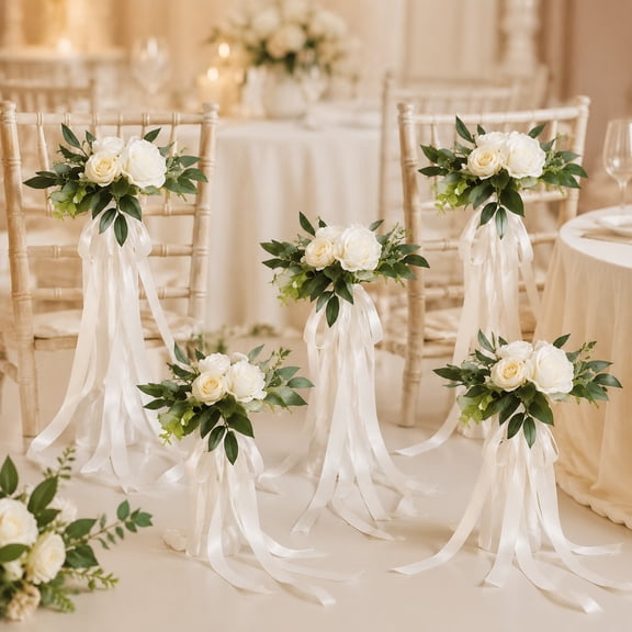 12 Pcs White Wedding Aisle Chair Decorations, Artificial Rose Bouquets with Greenery for Brides, Elegant Chair Flowers for Weddings, Valentines Day, Christmas and Receptions