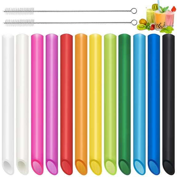 12 Pcs Wide Reusable Plastic Straws for Boba Tapioca Pearls Smoothies Thick Drinks Includes 2 Brushes Dishwasher Safe Multicolor