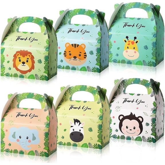 12 Pcs Wild One Birthday Decorations Safari Party Favor Boxes Safari Gift Bags for Kids Jungle Animal Party Gable Treat Goodie Candy Boxes Animal Themed Baby Shower Supplies