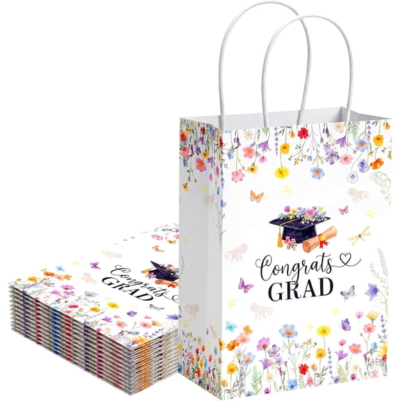 12 Pcs Wildflower Graduation Gift Bags 2026 Party Favors Floral Congrats Grad Paper Gifts Wrapping for Class of Supplies Decoration (White)