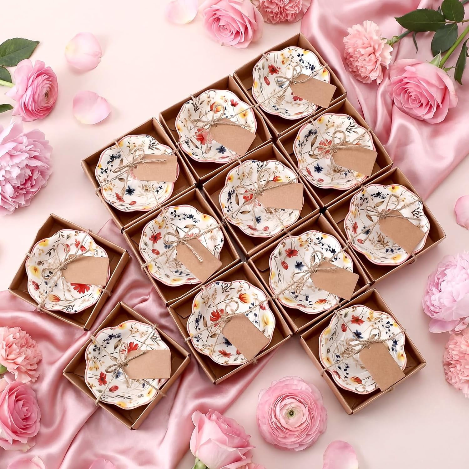 12 Pcs Wildflower Party Favors for Guests Small Ceramic Bowl Bulk Gifts Set 3.3 Inch Floral Design Mini Dipping Sauce Dish with Card Box for Bridal Pooja Baby Shower Birthday Guest Gift