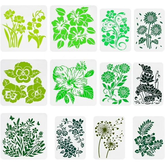 12 Pcs Wildflowers Painting Large Stencil Set 8.3x11.7" 11.8x11.8" Moonflower Sunflower Lotus Roadside Flower Chrysanthemum Creative Love Flower Stencil Floral Pattern Spraying Template