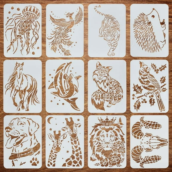12 Pcs Wildlife Painting Large Stencil 8.3x11.7" Fox Tiger Peacock Whale Horse Lion Jellyfish Dog Bird Hedgehogs Giraffe Pattern Stencil Animal Theme Spraying Big Stencil for Home Decor