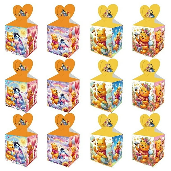 12 Pcs Winnie the Pooh Party Candy Boxes for Anime Theme Birthday Party Supplies Decor,Girls Kids Birthday Game Party Kraft Paper Gift Bag Decoration