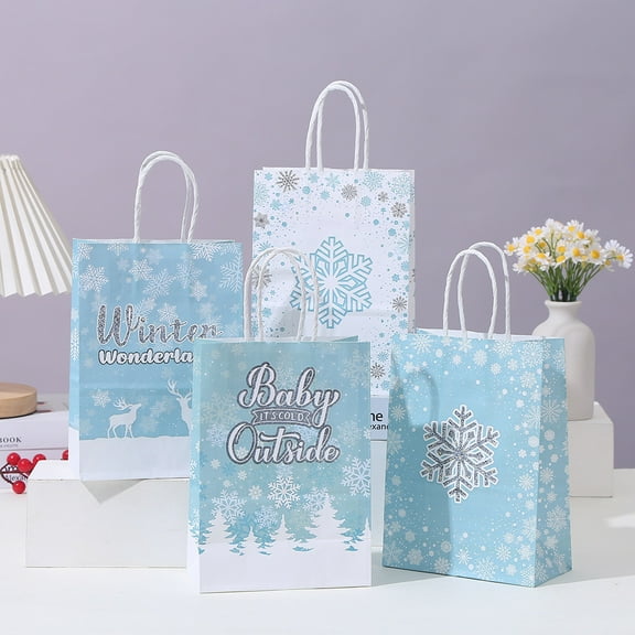 12 Pcs Winter Snowflake Gift Bags Christmas Paper Treat Bags for Party Favor Winter Frozen Goodie Bags with Handle for Birthday Holiday Wonderland Decorations