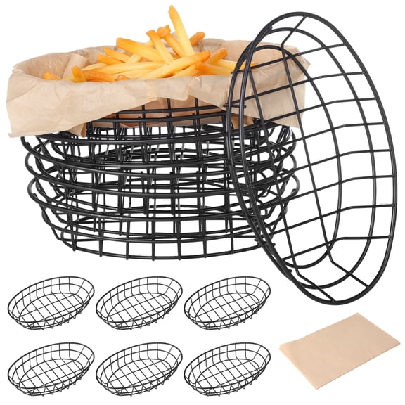 Fast Food Baskets, 12 Pcs Multi-purpose Metal Bread Fruit Serving Baskets with 50 Sheets Papers, Black