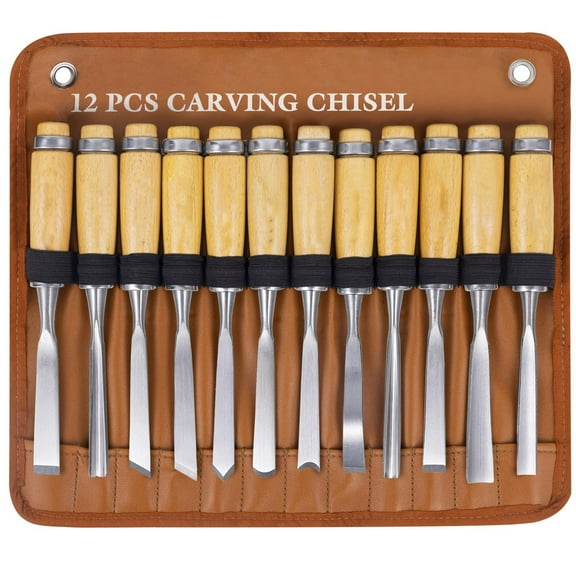 12 Pcs Wooden Carving Chisel Set, Woodworking Tools Set with a Leather Pouch, Full Size Knife Gouge Kit for Carving Projects, Ideal for Beginners and Professionals