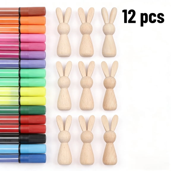 12 Pcs Wooden Easter Bunny Set with Watercolor Markers, Unfinished Peg Dolls Paintable Wooden Figurines, Wooden Rabbit Craft Ornaments DIY Craft for Spring Easter Party Desktop Home Decoration