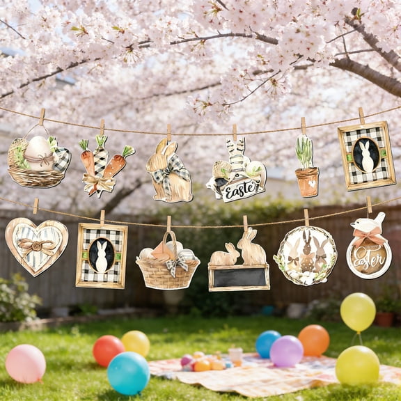 12 Pcs Wooden Easter Eggs Decorations Set with Bunny Carrot Flower Basket Patterns, Hanging Ornaments for Outdoor and Home Easter Decor