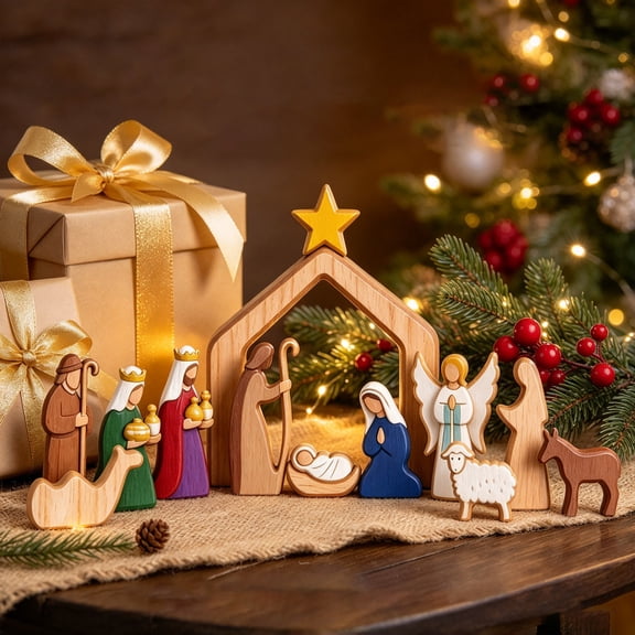12 Pcs Wooden Nativity Scene Set, Religious Christmas Tabletop Decorations with Holy Family and Angel Holiday Gift for Mantel Shelf 7.9In