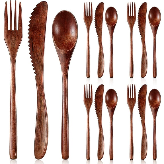 12 Pcs Wooden Utensils for Eating Wooden Spoon Fork Knife Cutlery Set Kitchen Wood Dinner Flatware Ta e Set Includes Spoon, Fork, Knife