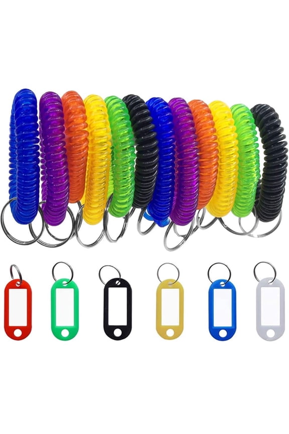12 Pcs Wristband Keychains & 6 pcs Key Tags, SENHAI Plastic Coil Stretch Elastic Spring Spiral Bracelet Key Ring for Plastic ID Tags with Label  for Keychain Pet Luggage Bag