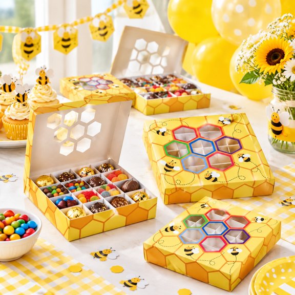 12 Pcs Yellow Bee-Themed Paper Candy Boxes with Clear Windows, Cute Treat Gift Boxes for Party Hosts, Square Favor Boxes for Weddings, Birthday Parties, Gatherings and Celebrations