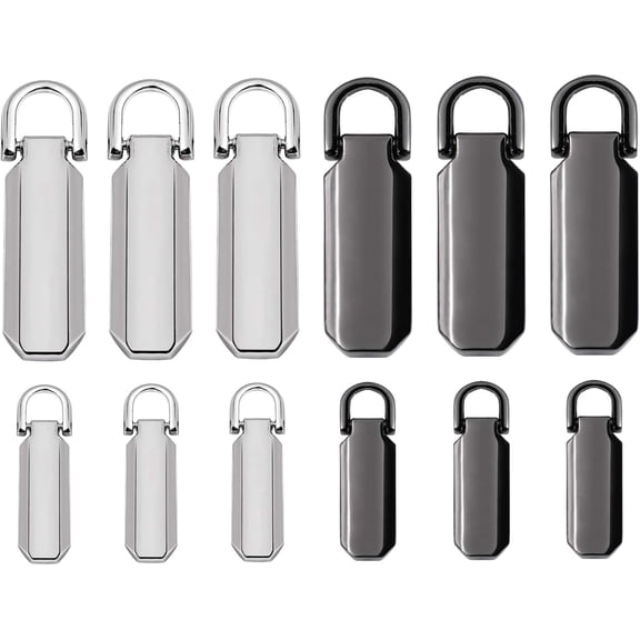 12 Pcs Zipper Pull Tab Replacement Zipper Tags Zip Fixer Replacements Heavy Duty Luggage Tabs for Clothes or Bags, 2 Sizes