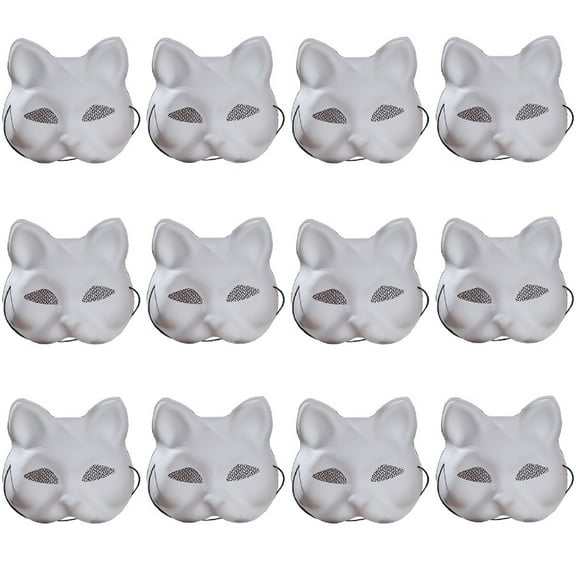 12 Pcs mask with mesh Gauze Colorable Halloween Masquerade Masks Blank PVC Masks, Crafts DIY Cat Face White Masks, Paintable Half Face Foxes for Dance, Cosplay and Party Accessories
