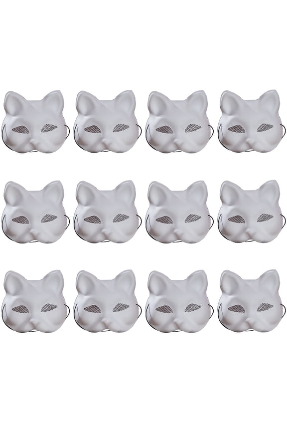 12 Pcs mask with mesh Gauze Colorable Halloween Masquerade Masks Blank PVC Masks, Crafts DIY Cat Face White Masks, Paintable Half Face Foxes for Dance, Cosplay and Party Accessories