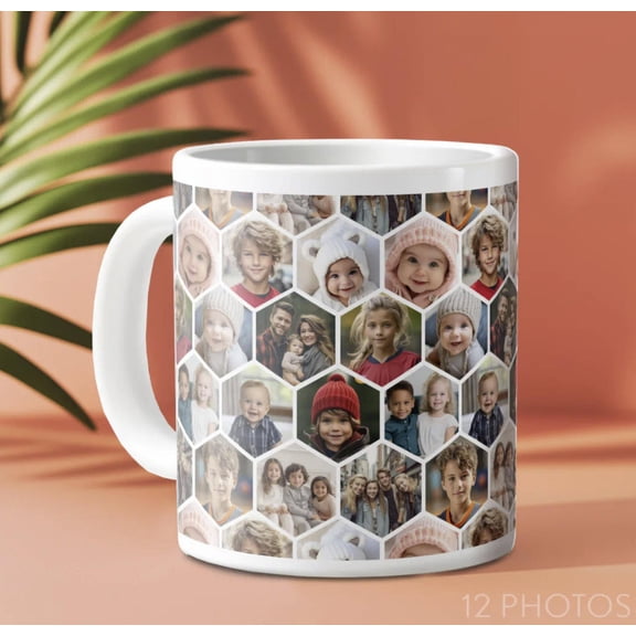 12 Photo Collage Funky Hexagon Pattern Giant Coffee Mug, Bekilab, Bekilab Ceramic Coffee Mug, 11oz 15oz Gift