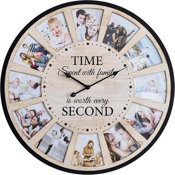 12 Photo Collage Rustic Wall Clock, Large Family Picture Wall Clock for Living Room, , Kitchen, Silent 24 Inch