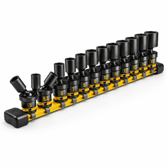 12-Piece 1/4" Drive Metric Impact Swivel Socket Set, 5-15mm 6-Point Shallow Wobble Sockets