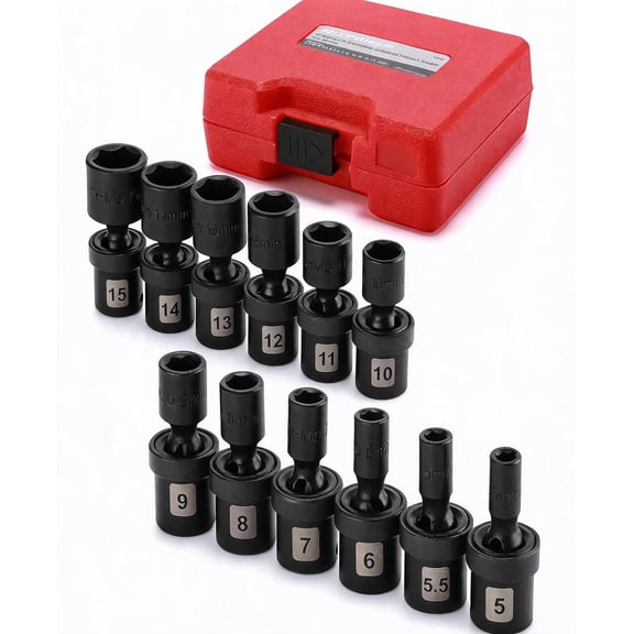 12-Piece 1 4" Drive Metric Shallow Universal Impact Socket Set with Flexible Wobble 5mm to 15mm