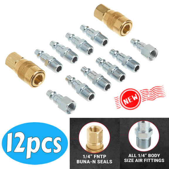 12-Piece 1/4" NPT M-Style Quick Connect Coupler Kit, Brass Air Compressor Hose Fittings with Plugs for Pneumatic Tools