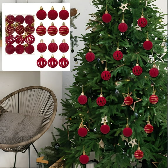 12-Piece 1.57 Inch Wine Flocked Velvet Christmas Balls - Shatterproof Mini Ornaments with Hanging Rope for Tree & Tabletop Decor