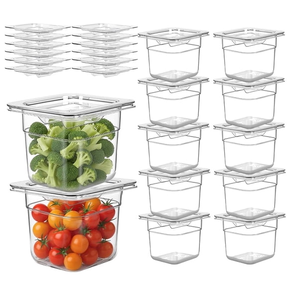 12-Piece 1/6 Size Clear Acrylic Food Pan Set with Lids, Stackable Transparent Food Storage Containers for Restaurant Hotel Salad Bar Catering
