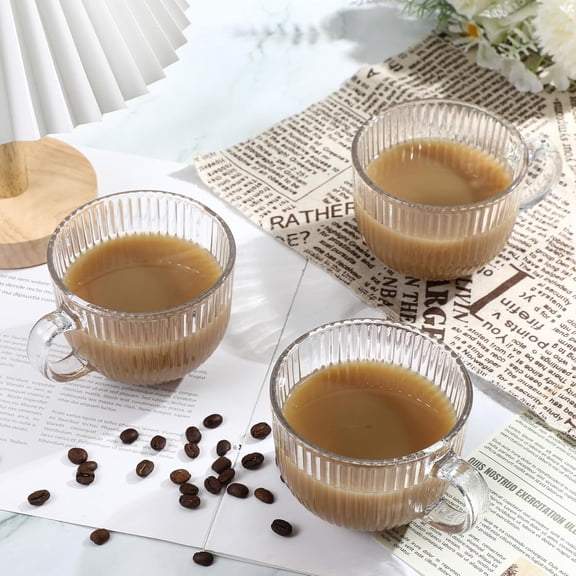 12-Piece 12oz Glass Coffee Mugs, Ribbed Clear Cups with Handles, Perfect for Hot & Cold Drinks, Americano, Latte, Cappuccino, Stylish Tableware for Family Use