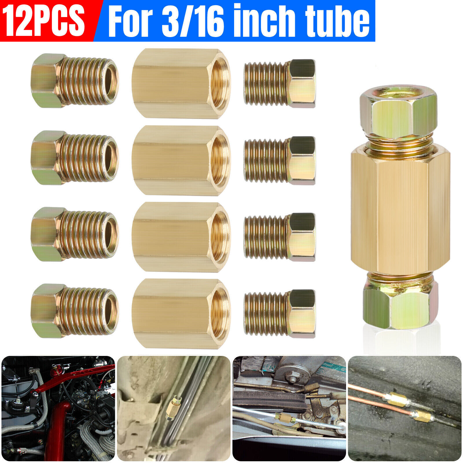 12 Piece (3/824 Inverted) Brake Line Fittings & Brass Unions Set For 3/16" Tube
