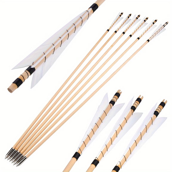 12-Piece 32-Inch Traditional Wooden Arrow Feather Outdoor Longbow, Recurve Bow, Archery Target Hunting Accessories