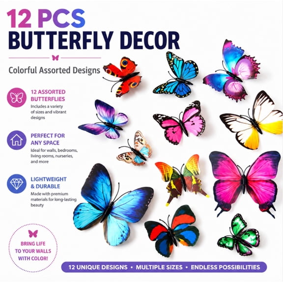 12 Piece 3D Butterfly Wall Decal Set, PVC Butterfly Wall Stickers for Home and Room Decor, TIKA