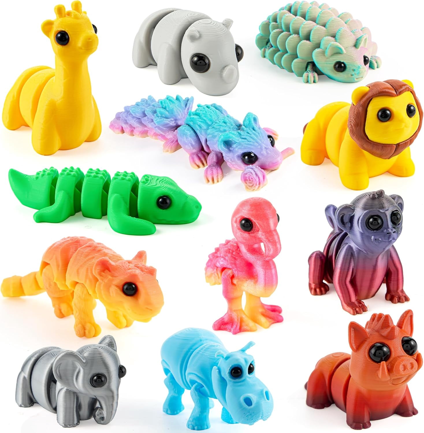 12-Piece 3D Printed Safari Animal Flexible Figurine Set Mini ...