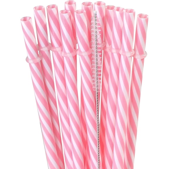 12 Piece 9 Inch Reusable Plastic Thick Drinking Straws BPA Free Mason Jar Straws transparent small Stripe (9inch Pink)