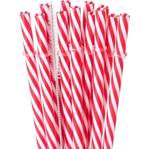 12 Piece 9 Inch Reusable Plastic Thick Drinking Straws BPA Free Mason Jar Straws transparent small Stripe (9inch Red)