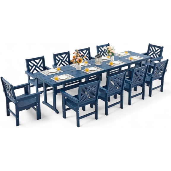 12-Piece All-Weather HDPE Patio Dining Set for 10 with Umbrella Hole (Blue)