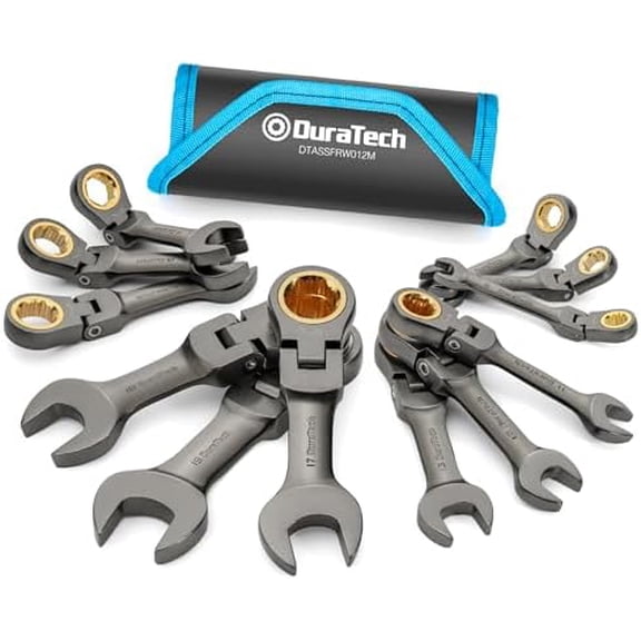 12-Piece Anti-Slip Flex-Head Ratcheting Wrench Set, Stubby Combination Wrench Set, Metric, 8-19mm, 72-Teeth, CR-V Steel, Nickel Plated with Pouch$$Tools & Hardware Other