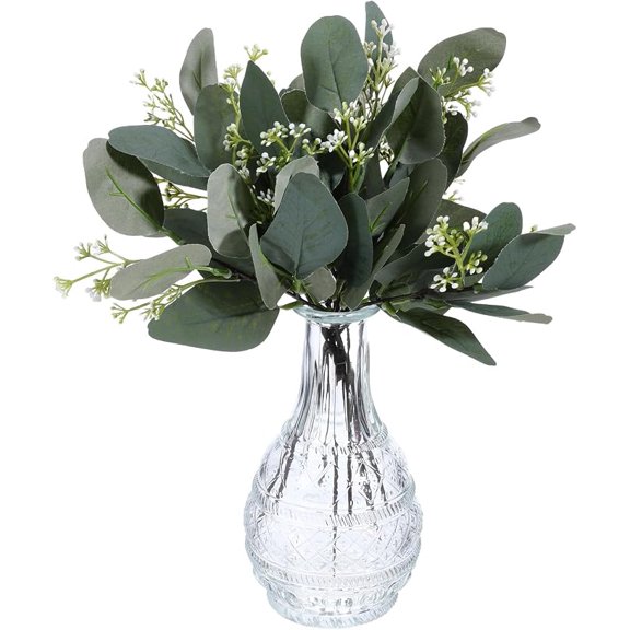 12 Piece Artificial Eucalyptus Leaves with White Seeds Mixed Oval Stems for Bouquets Vase Arrangements and Wedding Decor