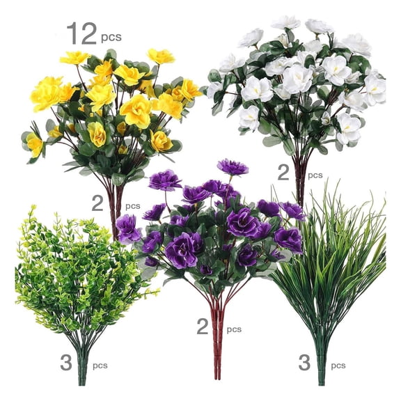 12 Piece Artificial Set Plastic Faux Greenery for Indoor Outdoor Home Garden Patio Office Decor 35cm Foliage Assorted Flowers Grass Ornamental Leaves Green