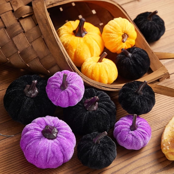 12-Piece Artificial Velvet Pumpkins Decor, Assorted Harvest Fabric Pumpkins for Autumn Thanksgiving Halloween Table Centerpiece, Soft Realistic Farmhouse Style