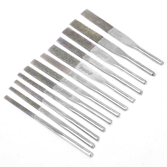 12-Piece Assorted Grit Diamond Hand Files Set, 3mm Shank Taper Machine File for Reciprocating Grinding, Metal Shaping, and Polishing, 2.8 inches / 70 mm Total Length, Alloy Shank