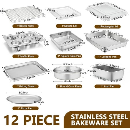 12-Piece Bakeware Set - Stainless Steel Baking Pans with Rack and Lids