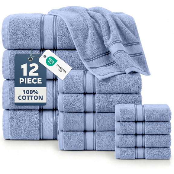 12 Piece Bath Towel Set 100% Cotton Zero Twist Ultra Soft Quick Dry Cerulean Blue
