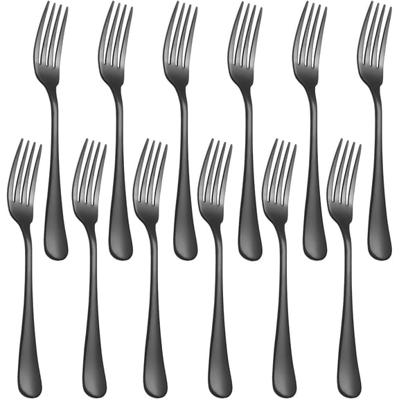 12-Piece Black Dinner Forks, Forks Silverware (8 inches), Food Grade Stainless Steel Flatware Fork, Mirror Polished & Dishwasher Safe, Using for Home, Restaurant or Kitchen, Black